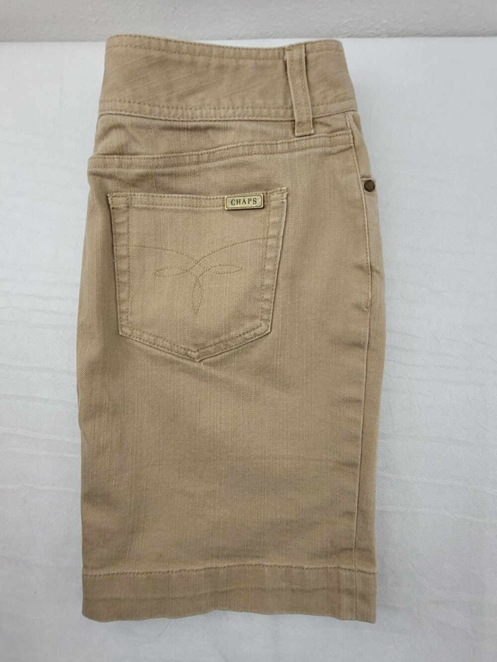 Chaps Denim Skirt Womens 6P Tan Khaki Jean Zipper Pockets Western Pencil stretch